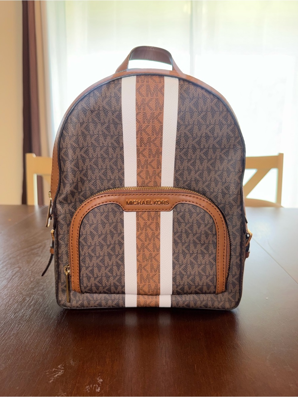 Michael Kors Brown and White Signature Stripe Backpack